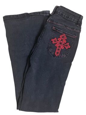 Romwe Washed Black Gothic Cross Flare Jeans Red Stitching Size S US 4 Y2K